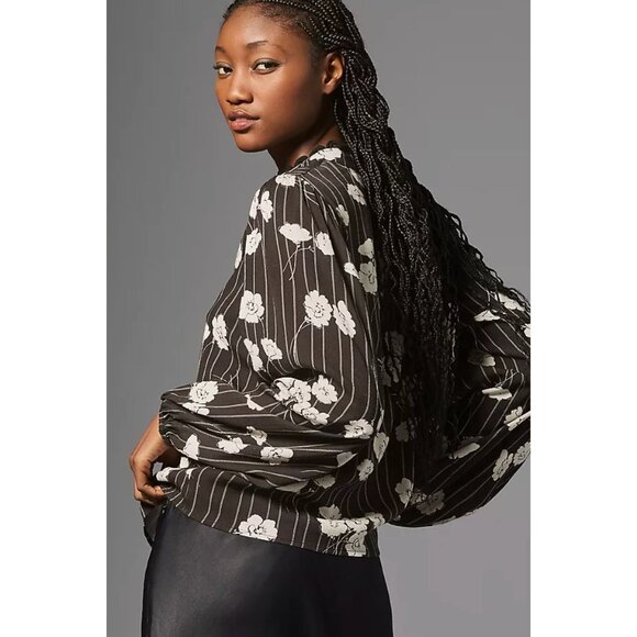 Anthropologie The Odells Robin V-Neck Long Sleeve Blouse Small Black White - Picture 2 of 10